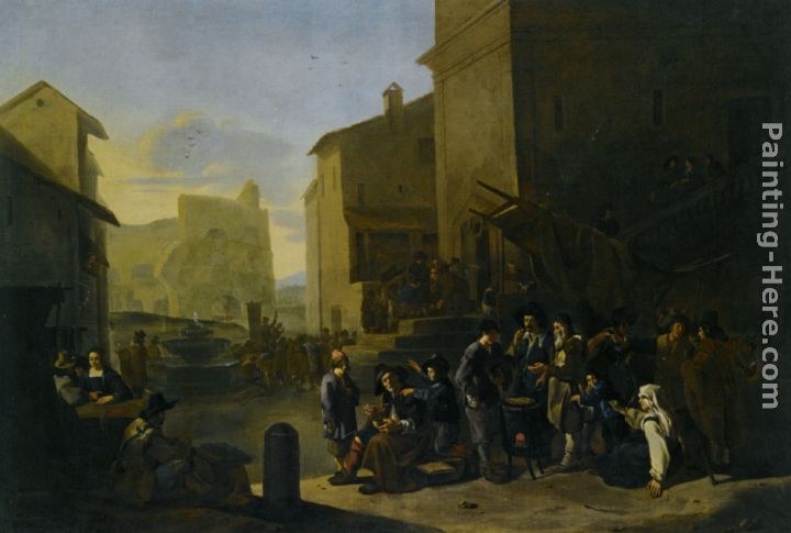 Johannes Lingelbach A Roman Market Scene with Peasants Gathered around a Stove